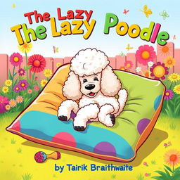 A whimsical children's book cover featuring a lazy poodle lounging comfortably on a colorful, oversized pillow