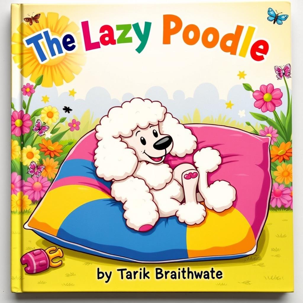 A whimsical children's book cover featuring a lazy poodle lounging comfortably on a colorful, oversized pillow