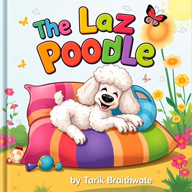 A whimsical children's book cover featuring a lazy poodle lounging comfortably on a colorful, oversized pillow