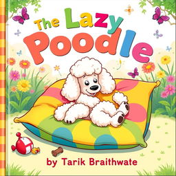 A whimsical children's book cover featuring a lazy poodle lounging comfortably on a colorful, oversized pillow