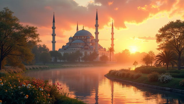 A stunning landscape featuring a beautiful mosque in the background, set against a vibrant sunset sky