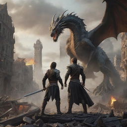 Amidst the chaotic scene, a brave man wielding a sword appears, standing defiant against the dragon in the ruined cityscape.