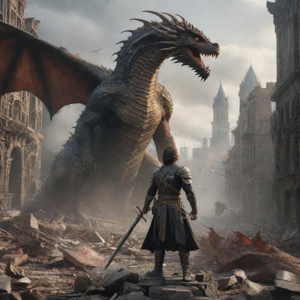 Amidst the chaotic scene, a brave man wielding a sword appears, standing defiant against the dragon in the ruined cityscape.