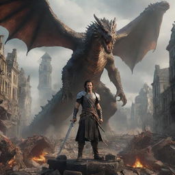 Amidst the chaotic scene, a brave man wielding a sword appears, standing defiant against the dragon in the ruined cityscape.