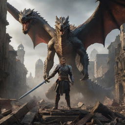 Amidst the chaotic scene, a brave man wielding a sword appears, standing defiant against the dragon in the ruined cityscape.