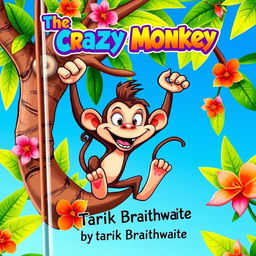 A vibrant and whimsical book cover for 'The Crazy Monkey' by Tarik Braithwaite