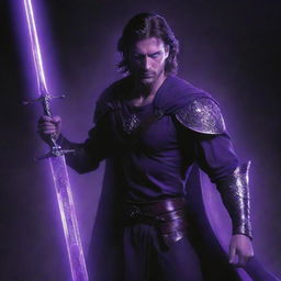 The brave man, sword held high, now has his eyes glowing with an intense purple light, adding an aura of mystique and power.