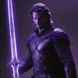 The brave man, sword held high, now has his eyes glowing with an intense purple light, adding an aura of mystique and power.