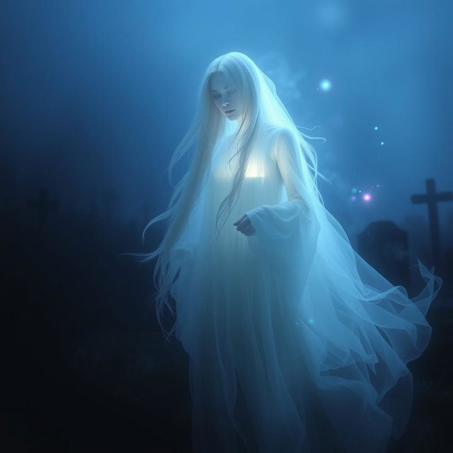 A hauntingly beautiful ghost portrait, featuring an ethereal figure with a translucent appearance, soft glowing light surrounding them