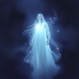 A hauntingly beautiful ghost portrait, featuring an ethereal figure with a translucent appearance, soft glowing light surrounding them