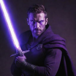 The brave man, sword held high, now has his eyes glowing with an intense purple light, adding an aura of mystique and power.