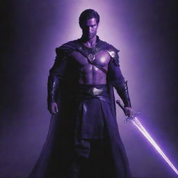 The brave man, sword held high, now has his eyes glowing with an intense purple light, adding an aura of mystique and power.