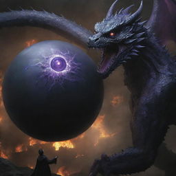 The purple-eyed man conjures a black sphere, ensnaring the havoc-wreaking dragon inside it, bringing a surprising twist to the scene of chaos.