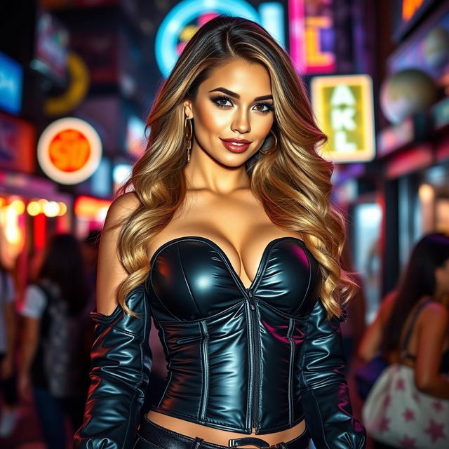 A striking hot girl in a tight, shiny black puffer corset that perfectly contours her silhouette, emphasizing her shapely figure