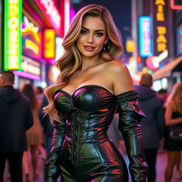 A striking hot girl in a tight, shiny black puffer corset that perfectly contours her silhouette, emphasizing her shapely figure