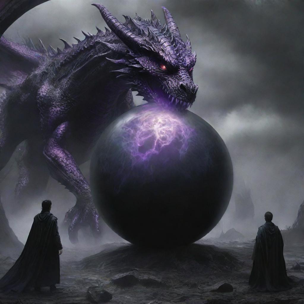 The purple-eyed man conjures a black sphere, ensnaring the havoc-wreaking dragon inside it, bringing a surprising twist to the scene of chaos.