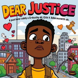 A vibrant and engaging cartoon book cover depicting a black teen boy standing confidently at the forefront