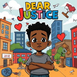 A vibrant and engaging cartoon book cover depicting a black teen boy standing confidently at the forefront