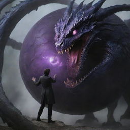 The purple-eyed man conjures a black sphere, ensnaring the havoc-wreaking dragon inside it, bringing a surprising twist to the scene of chaos.