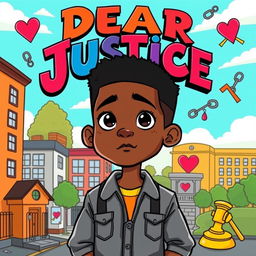 A vibrant and engaging cartoon book cover depicting a black teen boy standing confidently at the forefront