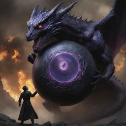 The purple-eyed man conjures a black sphere, ensnaring the havoc-wreaking dragon inside it, bringing a surprising twist to the scene of chaos.