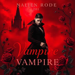 A captivating vampire book cover drenched in rich red tones, featuring a haunting silhouette of a gothic castle against a blood-red sky