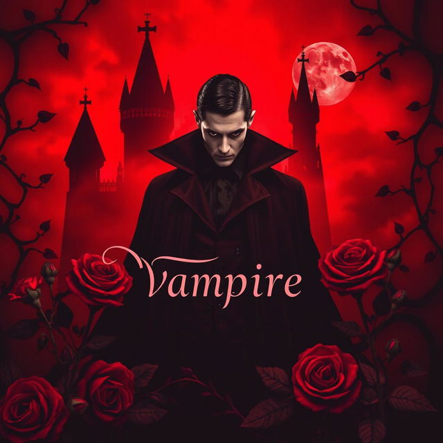 A captivating vampire book cover drenched in rich red tones, featuring a haunting silhouette of a gothic castle against a blood-red sky