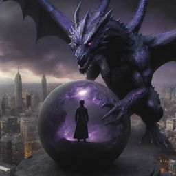 The brave, purple-eyed man manipulates the black sphere into a black hole, absorbing the destructive dragon, restoring a semblance of peace to the city.