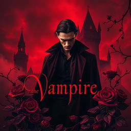 A captivating vampire book cover drenched in rich red tones, featuring a haunting silhouette of a gothic castle against a blood-red sky