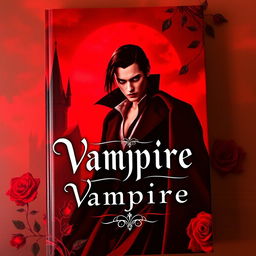 A captivating vampire book cover drenched in rich red tones, featuring a haunting silhouette of a gothic castle against a blood-red sky