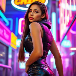 A hot girl wearing a fitted, shiny black puffer corset that highlights her hourglass shape, giving a sleek and modern look