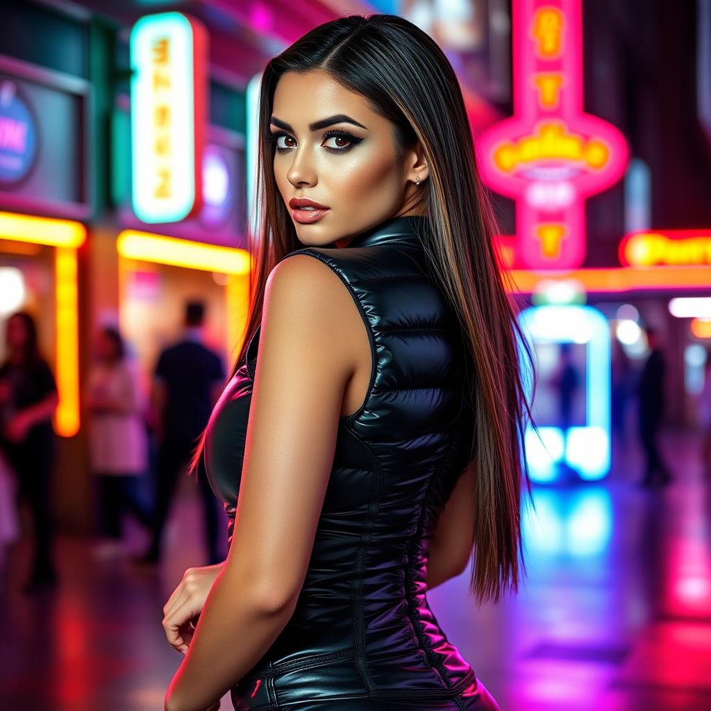 A hot girl wearing a fitted, shiny black puffer corset that highlights her hourglass shape, giving a sleek and modern look