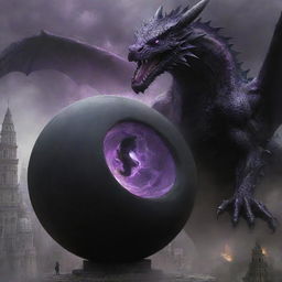 The brave, purple-eyed man manipulates the black sphere into a black hole, absorbing the destructive dragon, restoring a semblance of peace to the city.