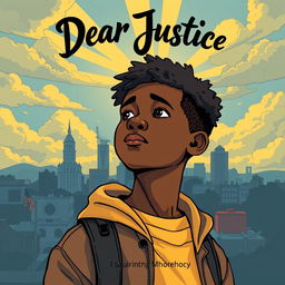 An illustrated art book cover featuring a black teen boy, embodying a sense of contemplation and resilience, set against a backdrop that reflects contemporary America with urban landscapes, gentle sunrays breaking through clouds, symbolizing hope