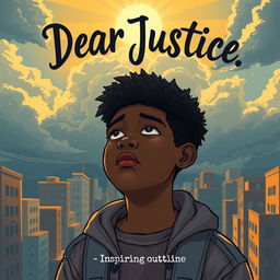 An illustrated art book cover featuring a black teen boy, embodying a sense of contemplation and resilience, set against a backdrop that reflects contemporary America with urban landscapes, gentle sunrays breaking through clouds, symbolizing hope