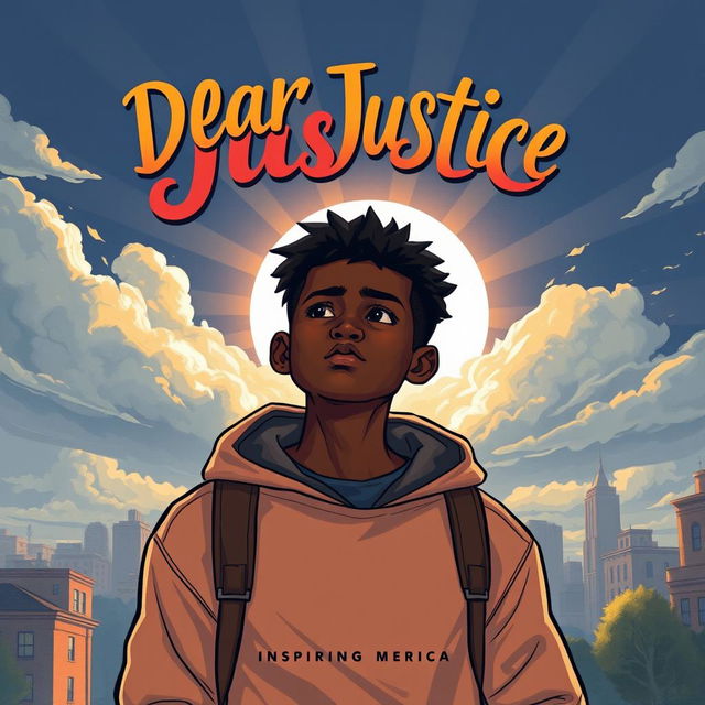 An illustrated art book cover featuring a black teen boy, embodying a sense of contemplation and resilience, set against a backdrop that reflects contemporary America with urban landscapes, gentle sunrays breaking through clouds, symbolizing hope