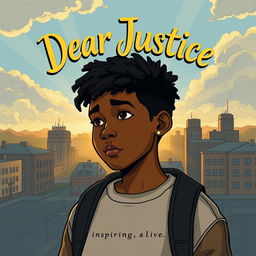 An illustrated art book cover featuring a black teen boy, embodying a sense of contemplation and resilience, set against a backdrop that reflects contemporary America with urban landscapes, gentle sunrays breaking through clouds, symbolizing hope