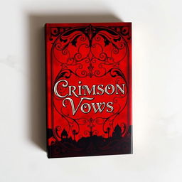 A striking book cover for 'Crimson Vows' featuring bold red colors that evoke a sense of passion and mystery