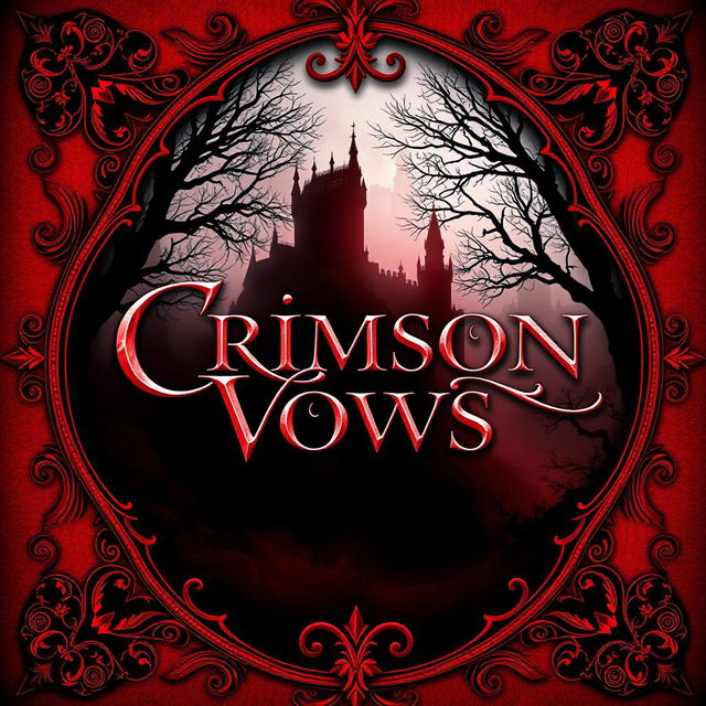 A striking book cover for 'Crimson Vows' featuring bold red colors that evoke a sense of passion and mystery