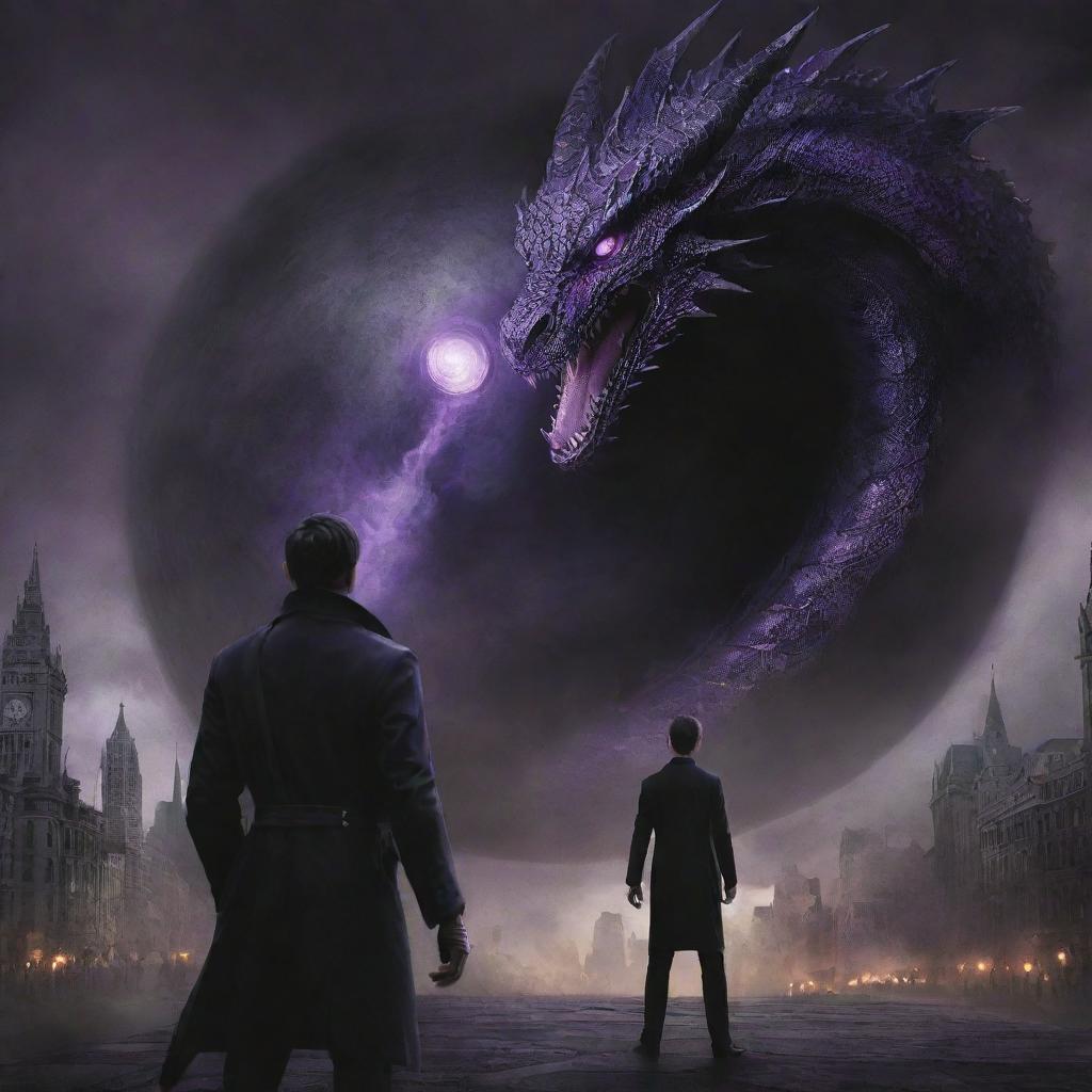 The brave, purple-eyed man manipulates the black sphere into a black hole, absorbing the destructive dragon, restoring a semblance of peace to the city.