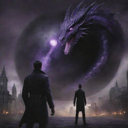 The brave, purple-eyed man manipulates the black sphere into a black hole, absorbing the destructive dragon, restoring a semblance of peace to the city.