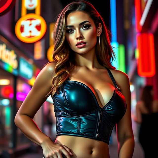 A hot girl wearing a tight, shiny black puffer corset that accentuates her toned figure and curves