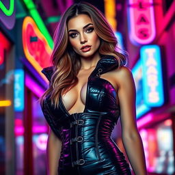 A hot girl wearing a tight, shiny black puffer corset that accentuates her toned figure and curves
