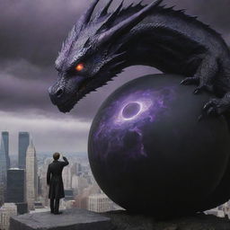 The brave, purple-eyed man manipulates the black sphere into a black hole, absorbing the destructive dragon, restoring a semblance of peace to the city.