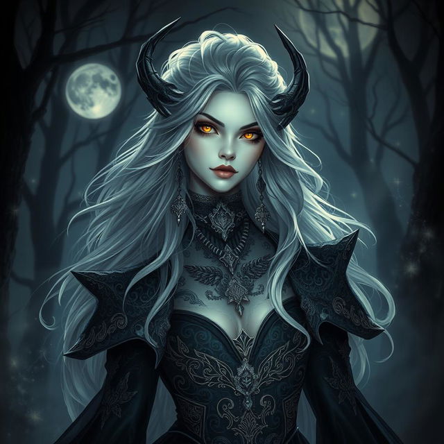 A captivating fantasy vampire character, showcasing an ethereal beauty with striking features