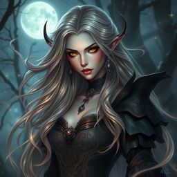 A captivating fantasy vampire character, showcasing an ethereal beauty with striking features
