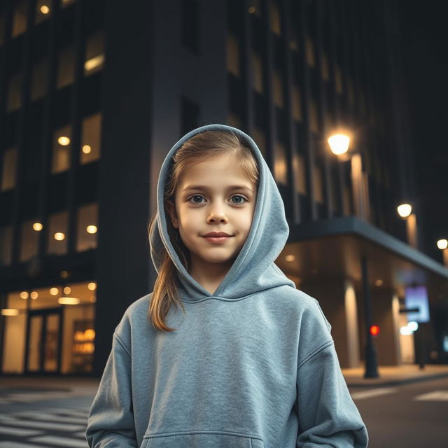 A young girl in a grey hoodie, standing confidently in front of a dark grey hotel