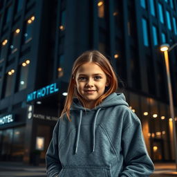A young girl in a grey hoodie, standing confidently in front of a dark grey hotel