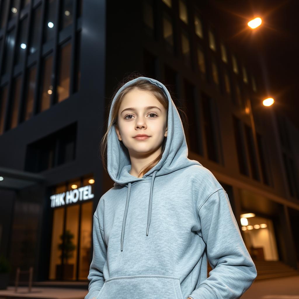 A young girl in a grey hoodie, standing confidently in front of a dark grey hotel