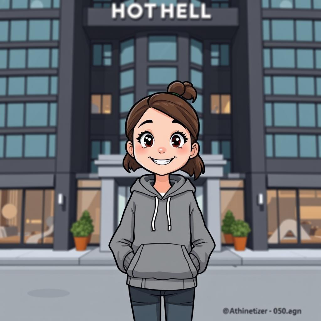 A cartoon style illustration of a girl wearing a grey hoodie, standing confidently in front of a dark grey hotel